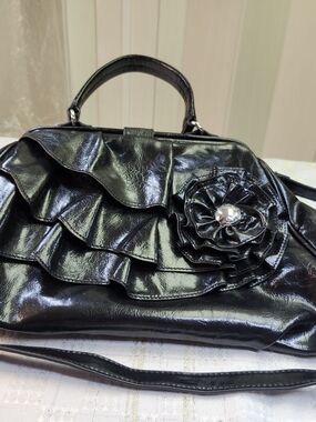 Nicole by Nicole Miller Black Patent Ruffle Flower Satchel